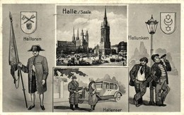 T2/T3 Halle, Halloren, Hallunken, Hallenser / Humorous Postcard, Automobile (EK) - Ohne Zuordnung