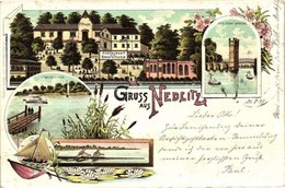 T2/T3 1897 Nedlitz, F. Buge's Restaurant Zur Römerschanze, Bürcke,  / Restaurant, Bridge, Rowers, Floral, Kunstanstalt C - Ohne Zuordnung