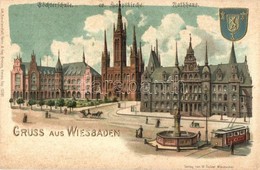** T2 Wiesbaden, Töchterschule, Ev. Hauptkirche, Rathaus / Girls School, Lutheran Church, Town Hall, Tram. Verlag V. W.  - Ohne Zuordnung