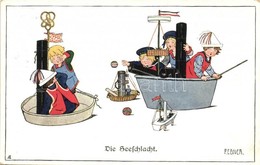 T2 Die SeeSchlacht / German Navy Humour, Children, Art Postcard, M. Munk Nr. 944, S: Pauli Ebner + K. U. K. Matrosenkorp - Non Classés