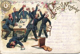 T2/T3 Prosit Neujahr / German Military New Year Greeting Art Postcard With Drunk Soldiers. Floral Litho L. Keseberg (wor - Zonder Classificatie