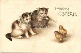 T2 Fröhliche Ostern / Easter Greeting Card With Cats And Chickens. Amag No. 1115. Litho + 1916 K.u.K. Feldpost - Non Classificati