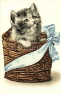 ** T2 Cat In A Ribboned Basket. Emb. Litho - Unclassified