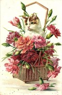 T2 1906 Cat With Flowers In A Basket. Emb. Litho - Ohne Zuordnung