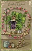 T3 Boldog Új évet! / New Year Greeting Art Postcard, Boy With Clovers. S.B. 2237 H. Floral Litho  (EB) - Unclassified