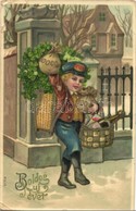 T3 Boldog Új évet! / New Year Greeting Art Postcard, Boy With Clovers. Litho  (fa) - Non Classés