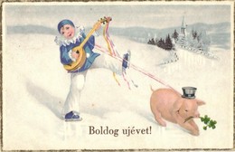 T2 Boldog Új évet! / New Year Greeting Art Postcard, Clown Ice Skating With Pig. S.B. 7285. Litho - Ohne Zuordnung