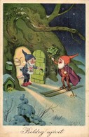 T2/T3 Boldog Új évet! / New Year Greeting Art Postcard, Dwarves, Skiing. Litho - Unclassified