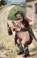 T2 Sretna Nova Godina! / New Year Greeting Art Postcard. Man With Pig And Champagne. R&K.L. Serie 1418. - Non Classificati