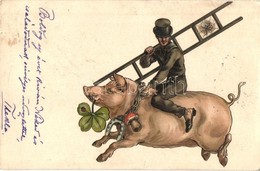 T2/T3 1903 New Year Greeting Art Postcard. Chimney Sweeper Riding On A Pig, Clover, Mushroom, Horse Shoe. Litho (wet Dam - Non Classificati