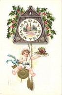 T2 New Year, Clock With Angel, Meal, Golden Decoration Emb. Litho - Non Classés