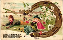 T2/T3 New Year, Ice Skating Children, Horse Shoe, Snowdrops, Trademark No. 209. Litho (EK) - Ohne Zuordnung