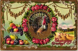 T2/T3 Thanksgiving Greeting Card, Turkey, Trademark 2277. Floral, Emb. Litho (EK) - Unclassified
