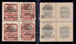 OCCUPAZIONI - FIUME - 1921 - Segnatasse - 1 Lira Su 2 Corone (24) - Quartine Con Varietà Nella Coppia Di Destra (24mb+24 - Fiume