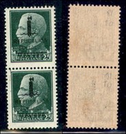 REPUBBLICA SOCIALE - PROVVISORI - 1944 - Torino - 25 Cent (491) - Coppia Verticale (pos. 81/91) Con Soprastampe Evanesce - Andere & Zonder Classificatie