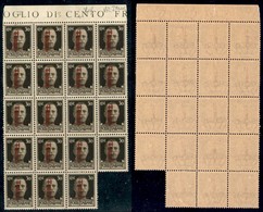 REPUBBLICA SOCIALE - PROVVISORI - 1944 - Verona - Soprastampa Rosso Bruno - 30 Cent (492F) - Blocco Di 19 Bordo Foglio ( - Autres & Non Classés