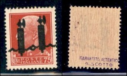 REPUBBLICA SOCIALE - PROVVISORI - 1944 - Verona - Soprastampa L In Nero - 75 Cent (494Cb) Con Doppia Soprastampa - Doppi - Andere & Zonder Classificatie