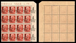 REPUBBLICA SOCIALE - PROVVISORI - 1944 - Firenze - 75 Cent (494pme - Ripetuto Sul Bordo) - Blocco Angolare Di 16 (pos. 6 - Autres & Non Classés