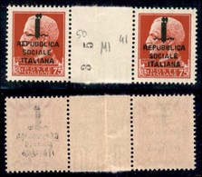 REPUBBLICA SOCIALE - PROVVISORI - 1944 - Milano - 75 Cent (494) - Coppia Con Interspazio Al Centro (pos. 50/41) - Legger - Autres & Non Classés