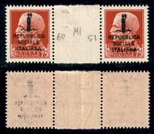 REPUBBLICA SOCIALE - PROVVISORI - 1944 - Milano - 75 Cent (494) - Coppia Orizzontale Con Interspazio Al Centro (pos. 60/ - Autres & Non Classés