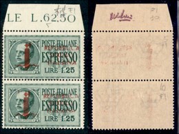 REPUBBLICA SOCIALE - PROVVISORI - 1944 - Espressi - Firenze - 1,25 Lire (21/II) - Coppia Verticale Bordo Foglio (pos. 5/ - Sonstige & Ohne Zuordnung