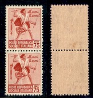 REPUBBLICA SOCIALE - DEFINITIVI - 1944 - 75 Cent (499) - Coppia Verticale Con Pieghe Di Carta In Diagonale - Gomma Integ - Sonstige & Ohne Zuordnung