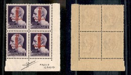 REPUBBLICA SOCIALE - PROVE - SAGGI - 1944 - Saggi - Verona - Soprastampa L - 1 Lira (P20) - Quartina Angolare (pos. 89/1 - Andere & Zonder Classificatie