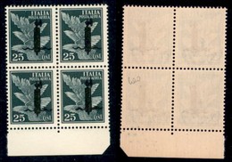 REPUBBLICA SOCIALE - PROVE - SAGGI - 1944 - Saggi - Verona - Soprastampa L In Nero - 25 Cent (P9 - Aerea) In Quartina Bo - Andere & Zonder Classificatie