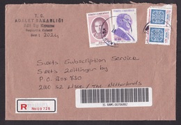 Turkey: Registered Cover To Netherlands, 1997, Mix Of Stamps & Official Service Stamps, Inflation: 400,000.- (damaged) - Brieven En Documenten