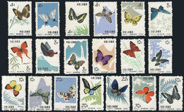 CHINA: Sc.661/680, 1963 Butterflies, Cmpl. Set Of 20 Values, Mint Without Gum, Very Nice! - Usados