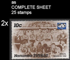 CV:€11.13 BULK 2 X TUVALU-Nanumea 1986 World Cup Mexico Sweden Winner Brazil 1958 10c COMPLETE SHEET:25 Stamps - 1958 – Zweden