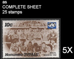 CV:€27.81 BULK 5 X TUVALU-Nanumea 1986 World Cup Mexico Sweden Winner Brazil 1958 10c COMPLETE SHEET:25 Stamps - 1958 – Schweden