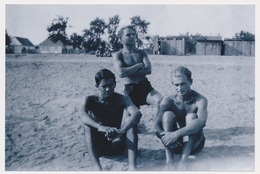 REPRINT -  Three Naked Trunks Mucular Guys Men Sitting On Beach  Hommes Nus Sur La Plage, Mecs, Photo Reproduction - Personnes