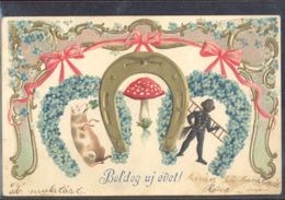 CPA MUSHROOMS, CHIMNEY SWEEPER, PIG, HORSE SHOE, FORGET ME NOT FLOWERS, RIBBONS, EMBOSSED - Champignons