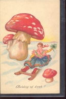 CPA MUSHROOMS, GIRL, SLED, CLOVER, WINTER LANDSCAPE - Funghi