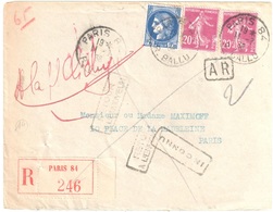 PARIS 84 R Ballu Lettre Recommandée AR Retour à L'envoyeur Inconnu 20c Semeuse Brun Rouge 1,75F Cérés Yv 139 372 Ob 1938 - Covers & Documents