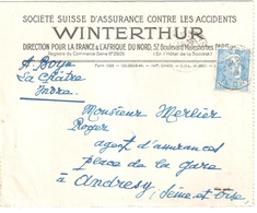 LA CHATRE Indre Lettre Assurance WINTERTHUR 4,50 F Bleu Gandon Yv 718A Ob 29 3 1947 - Storia Postale