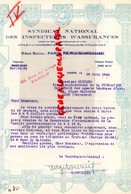 75- PARIS- 1942 RARE LETTRE SYNDICAT NATIONAL INSPECTEURS ASSURANCES-TRAVAILLEURS INTELLECTUELS-29 RUE LIEGE- - Banque & Assurance