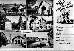 46.  CPSM.  GRAMAT.  Multi Vues. Ruines, église, Jardin, Poste, Halles, Carte Pour Gens Pressés. 1957. - Gramat