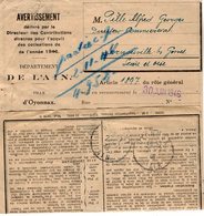 TB 2398 - 1946 - Lettre De Mr Le Percepteur D'OYONNAX Pour Mr PILLE à ARNOUVILLE LES GONESSE - 1921-1960: Moderne
