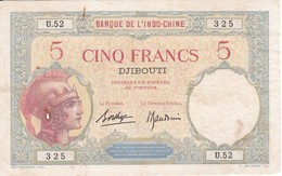 BILLETE DE DJIBOUTI DE 5 FRANCS DEL AÑO 1943 (BANKNOTE) BANQUE DE L'INDO-CHINE - Dschibuti