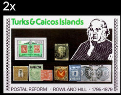BULK: 2 X TURKS CAICOS ISLANDS 1979 Rowland Hill $2 Stamps On Stamps Phil.exhb. Penny Black OVPT: BRASILIANA 79 - Rowland Hill