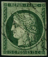 Oblit. N°2c 15c Vert, Très Foncé, Au Filet à Droite - B - 1849-1850 Cérès
