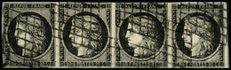 Oblit. N°3 20c Noir S/jaune, Bande De 4 Horizontale (cote Céres 2008) - TB - 1849-1850 Cérès