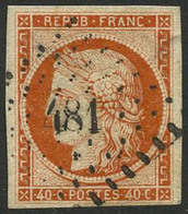 Oblit. N°5a 40c Orange Vif, Petit Pelurage Au Verso - B - 1849-1850 Cérès