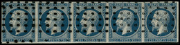 Oblit. N°10 25c Bleu, Bande De 5, Obl Gros Points, Pelurage Sur 3ème Timbre Et Froissure D'angle Sur 5è Aspect TB - 1852 Louis-Napoléon