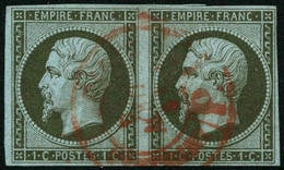 Oblit. N°11 1c Olive Paire, Obl CàD Rouge Des Imprimés - TB - 1853-1860 Napoleon III