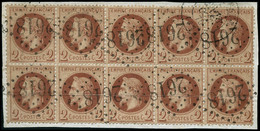 Oblit. N°26 2c Rouge-brun, Bloc De 10, Impression Fine Obl GC 26, E Et Càd 28/10/70 Pli Horizontal Sur Bande En Bas - B - 1863-1870 Napoleon III Gelauwerd