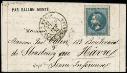 Lettre N°29 Ballon Monté "le Washington" Du 10/10/70,arrivé Au Havre Le 18 Octobre - TB - 1863-1870 Napoléon III. Laure