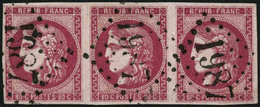 Oblit. N°49b 80c Rose Vif, Bande De 3 Obl GC 1987, Coup De Ciseaux Entre 1er Et 2è Timbres - B - 1870 Ausgabe Bordeaux